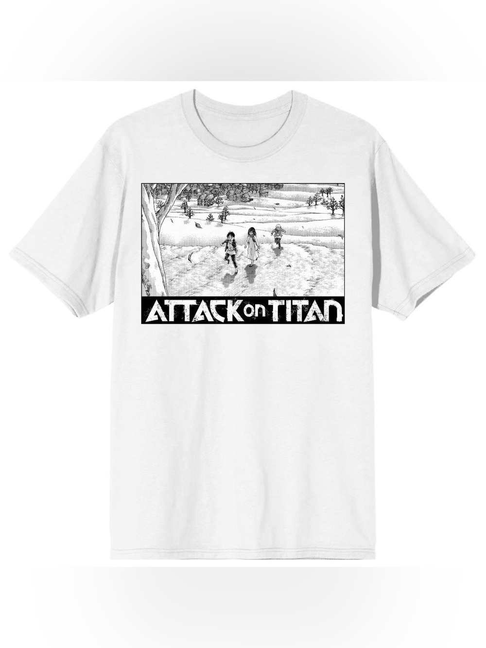 Attack on Titan 100% Cotton White Graphic Tee Characters running to tree Size XL